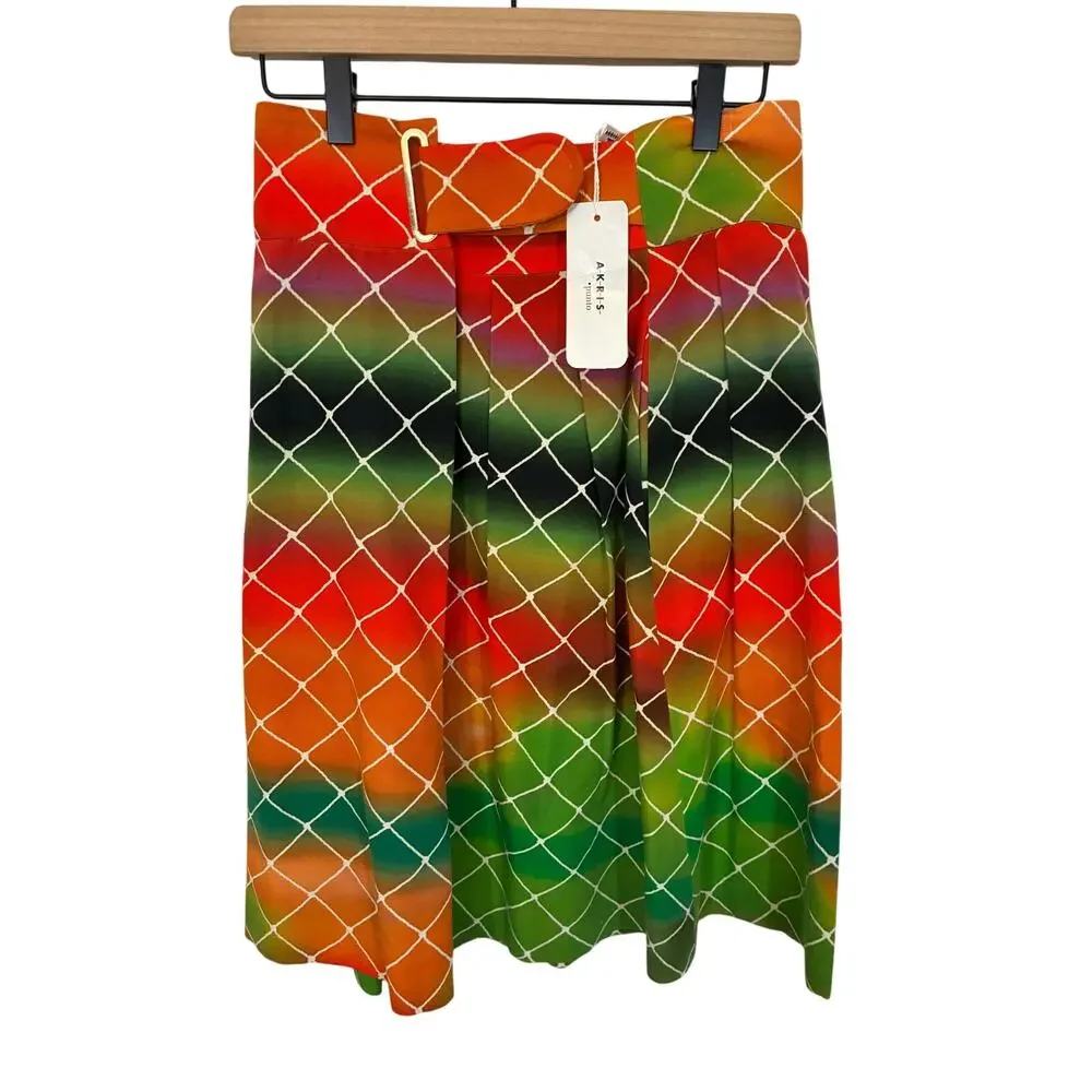NWT Akris Punto Rainbow Skirt Bold Multicolor Net Print Statement Midi Cotton 6